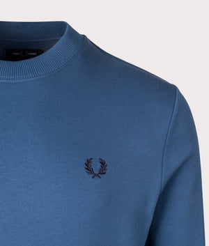 Fred Perry Crew Neck Sweatshirt Blue. Shot at EQVVS. Detail shot. 