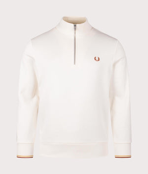 Ecru Fred Perry Quarter Zip Sweatshirt. Shot at EQVVS. Front shot. 