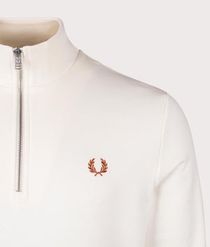 Ecru Fred Perry Quarter Zip Sweatshirt. Shot at EQVVS. Detail shot. 