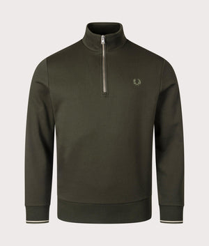 Fred Perry Quarter Zip Sweatshirt in Hunting Green/Light Oyster/Laurel Wreath Green at EQVVS Menswear Front Shot