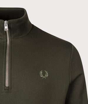 Fred Perry Quarter Zip Sweatshirt in Hunting Green/Light Oyster/Laurel Wreath Green at EQVVS Menswear Detail Shot