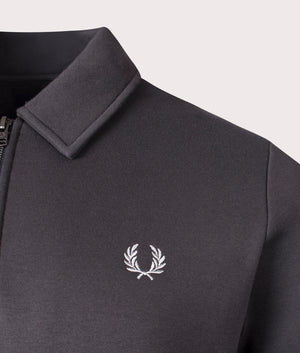 Fred Perry Quarter Zip Fleeceback Sweatshirt in Anchor Grey, 100% Cotton. At EQVVS Menswear. Logo shot