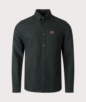 Fred Perry Oxford Shirt in Night Green, 100% Cotton. At EQVVS Menswear. Front detail shot