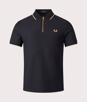 Fred Perry Crepe Pique Zip Neck Polo Shirt in black, 100% Cotton at EQVVS. Front Shot. 