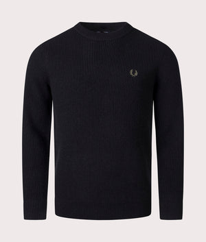 Fred Perry 100% Lambswool Jumper in Black at EQVVS. Front Shot. 