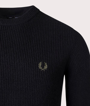 Fred Perry 100% Lambswool Jumper in Black at EQVVS. Detailed Logo shot. 