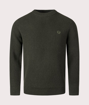 Fred Perry Lambswool Jumper in Hunting Green, 100% Lambswool at EQVVS. Front Shot. 