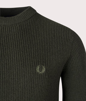 Fred Perry Lambswool Jumper in Hunting Green, 100% Lambswool at EQVVS. Detailed Logo Shot. 