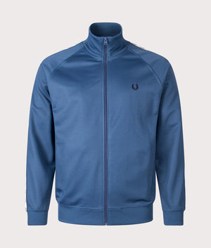 Fred Perry Zip Through Taped Track Top in Midnight Blue at EQVVS. Front Shot. 