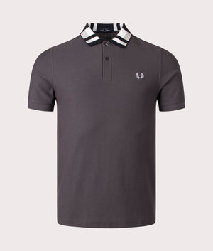 Fred Perry Chequerboard Collar Polo Shirt in Anchor Grey, 100% Cotton at EQVVS. Front Shot. 