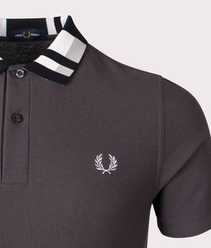 Fred Perry Chequerboard Collar Polo Shirt in Anchor Grey, 100% Cotton at EQVVS. Detailed Logo Shot. 