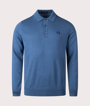 Fred Perry Long Sleeve Knitted Polo Shirt in midnight blue, Wool and Cotton blend. At EQVVS Menswear. Front detail shot