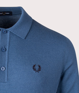 Fred Perry Long Sleeve Knitted Polo Shirt in midnight blue, Wool and Cotton blend. At EQVVS Menswear. Front logo shot