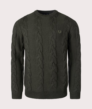 Fred Perry Chunky Cable Knit Jumper in 408 Hunting Green, Lambswool/Recycled Polyamide. At EQVVS Menswear. Front detail shot