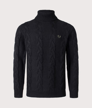 Fred Perry Chunky Cable Knit Roll Neck Jumper in Black at EQVVS Menswear Front Shot