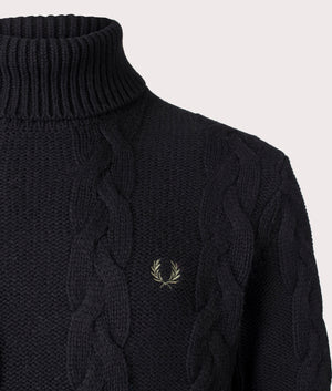 Fred Perry Chunky Cable Knit Roll Neck Jumper in Black at EQVVS Menswear Detail Shot