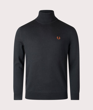 The Fred Perry Roll Neck Jumper in Night Green. Front angle shot at EQVVS.
