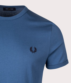 Fred Perry Ringer T-shirt in Midnight Blue, 100% Cotton at EQVVS. Detailed Logo Shot. 