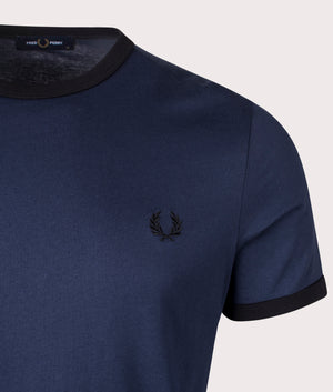 Fred Perry Ringer T-shirt in Dark Carbon/Black, 100% Cotton at EQVVS. Detailed Logo Shot. 