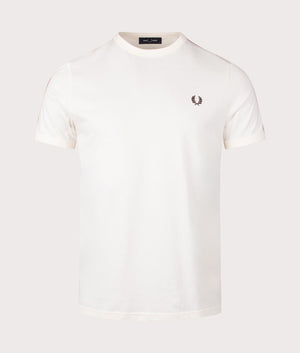 Fred Perry Contrast Tape Ringer T-Shirt in Ecru/Carrington Road Brick, 100% Cotton. At EQVVS Menswear. Front detail shot 