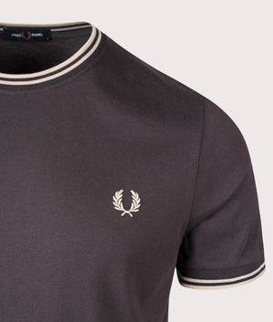 Fred Perry Twin Tipped T-Shirt in  Anchor Grey/Oatmeal. Shot at EQVVS. Detail shot. 