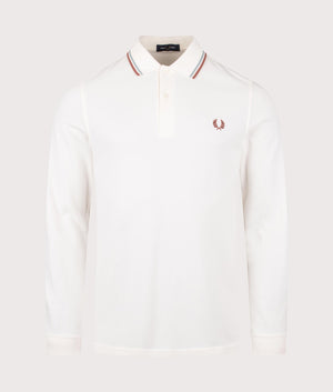 Fred Perry Long Sleeved Twin Tipped Polo Shirt in Light Ecru/Silver Blue/Cinnamon, 100% cotton at EQVVS. Front shot. 