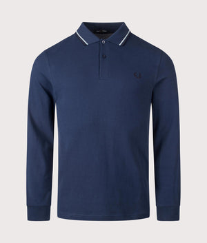 Fred Perry Long Sleeve Twin Tipped Polo Shirt in Tennis Blue. Shot at EQVVS. Front shot.
