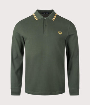 Fred Perry Long Sleeve Twin Tipped Polo Shirt in Court Green/Honeycomb. Shot at EQVVS.  Front shot. 