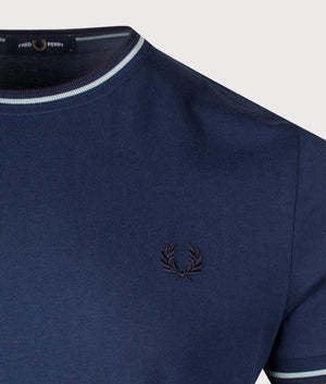 Fred Perry Twin Tipped T-Shirt in Tennis Blue. Shot at EQVVS.  Detail shot.