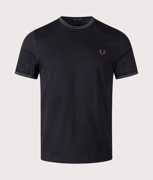 Twin Tipped T-Shirt in black/court green by Fred Perry. Shot at EQVVS. Front shot.