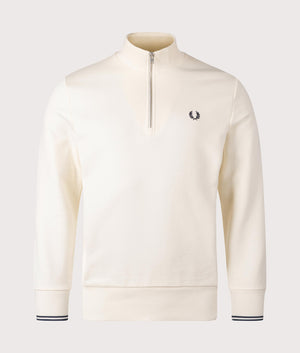 Fred Perry Quarter Zip Sweatshirt in Ecru/Tennis Blue. Shot at EQVVS.  Front shot. 