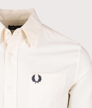 Fred Perry Oxford Shirt in Light Ecru. Shot at EQVVS. Detail shot. 