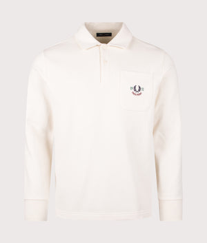 Fred Perry Embroidered Champion Long Sleeve Collared Polo Shirt in Ecru. Shot at EQVVS. Front shot.