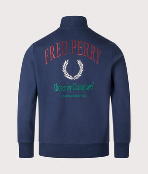 Fred Perry Embroidered Champion Quarter Zip Sweatshirt in Tennis Blue. Shot at EQVVS. Detail shot.