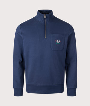 Fred Perry Embroidered Champion Quarter Zip Sweatshirt in Tennis Blue. Shot at EQVVS.  Front shot. 