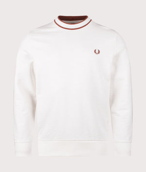 Fred Perry Striped Trim Sweatshirt in Light Ecru. Shot at EQVVS. Front shot. 