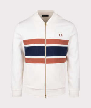 Fred Perry Panelled Zip Through Sweatshirt in Light Ecru. Shot at EQVVS. Front shot. 