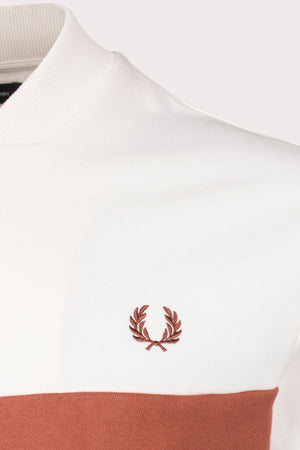 Fred Perry Panelled Zip Through Sweatshirt in Light Ecru. Shot at EQVVS. Detail shot. 