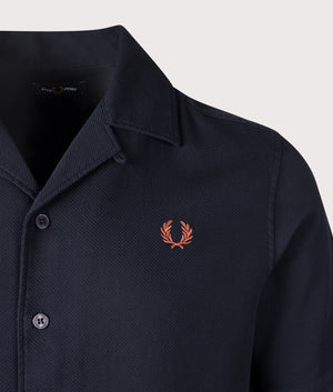 Fred Perry Pique Texture Revere Collar Shirt in Navy. Shot at EQVVS.  Detail shot. 