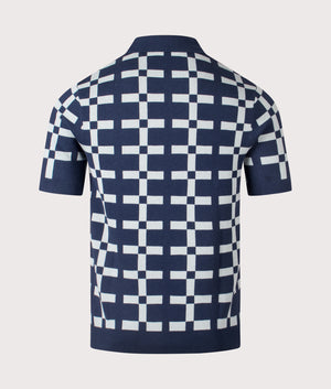 Fred Perry Geometric Jacquard Knit Polo Shirt in Tennis Blue. Shot at EQVVS. Reverse shot. 