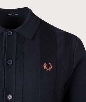 Fred Perry Button Through Knitted Shirt in Navy. Shot at EQVVS.  Detail shot. 