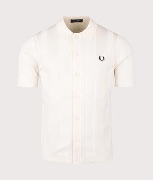 Fred Perry Button Through Short Sleeve Knitted Shirt in Ecru. Shot at EQVVS. Front shot. 