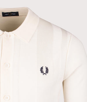 Fred Perry Button Through Short Sleeve Knitted Shirt in Ecru. Shot at EQVVS. Detail shot. 