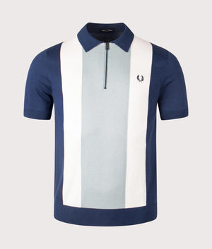 Fred Perry Vertical Stripe Zip Neck Polo Shirt in Tennis Blue/Silver Blue/Ecru. Shot at EQVVS.  Front shot. 