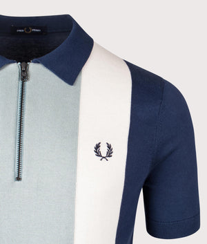 Fred Perry Vertical Stripe Zip Neck Polo Shirt in Tennis Blue/Silver Blue/Ecru. Shot at EQVVS. Detail shot. 