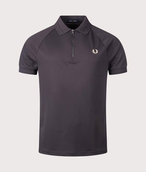 Fred Perry Zip Neck Polo Shirt in Anchor Grey. Shot at EQVVS.  Front shot.