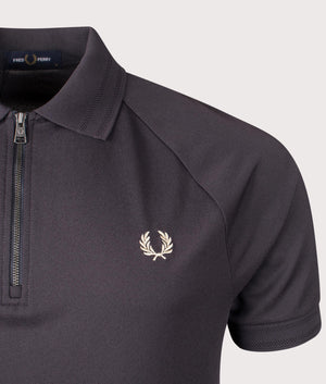 Fred Perry Zip Neck Polo Shirt in Anchor Grey. Shot at EQVVS.  Detail shot. 