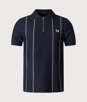 Fred Perry Pinstripe Zip Neck Polo Shirt in Navy. Shot at EQVVS. Front shot.