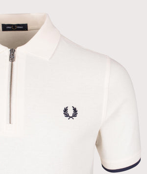 Fred Perry Crepe Pique Zip Neck Polo Shirt in Ecru. Shot at EQVVS. Detail shot.