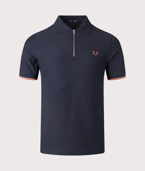 Fred Perry Crepe Pique Zip Neck Polo Shirt in Navy. Shot at EQVVS.  Front shot. 